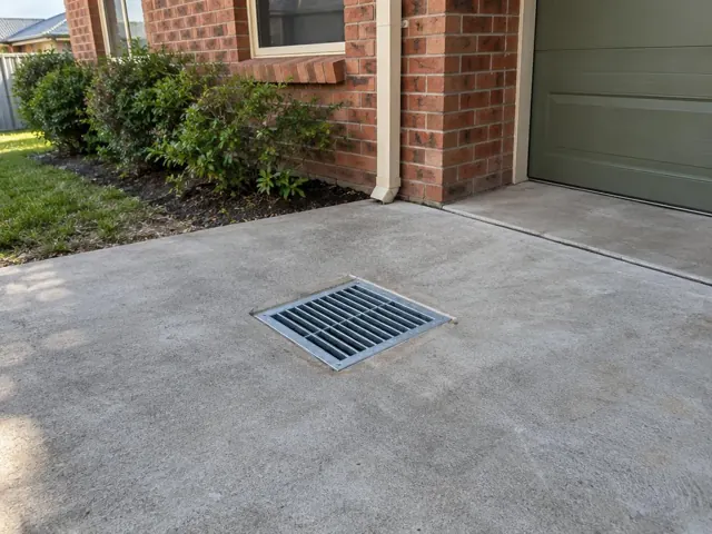 Clean outdoor driveway drain grate beside a brick house and garage in Mount Dee
