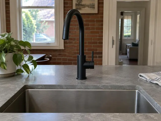 Black kitchen mixer tap over a stainless sink in a modern kitchen with brick wall and stone benchtop in Maitland